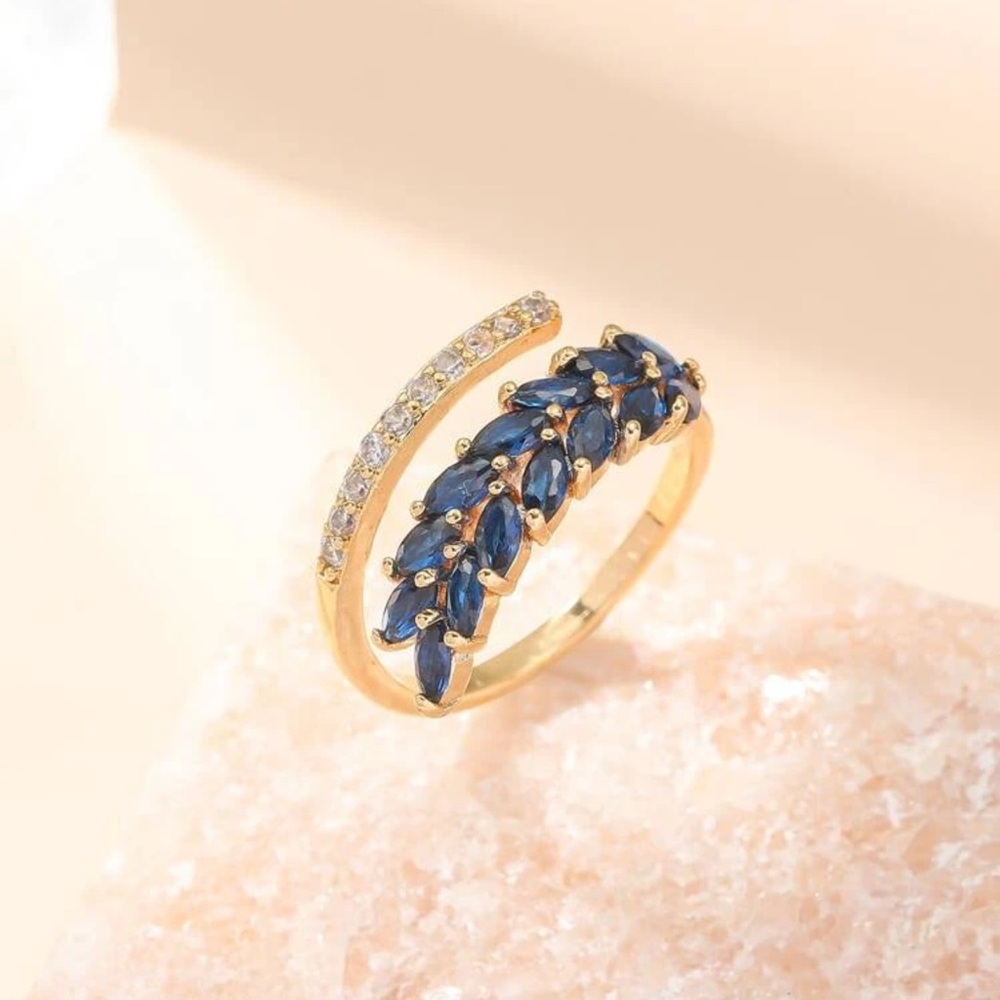 Elegant Gold and Blue Gemstone Ring, Leaf Wrap Ring